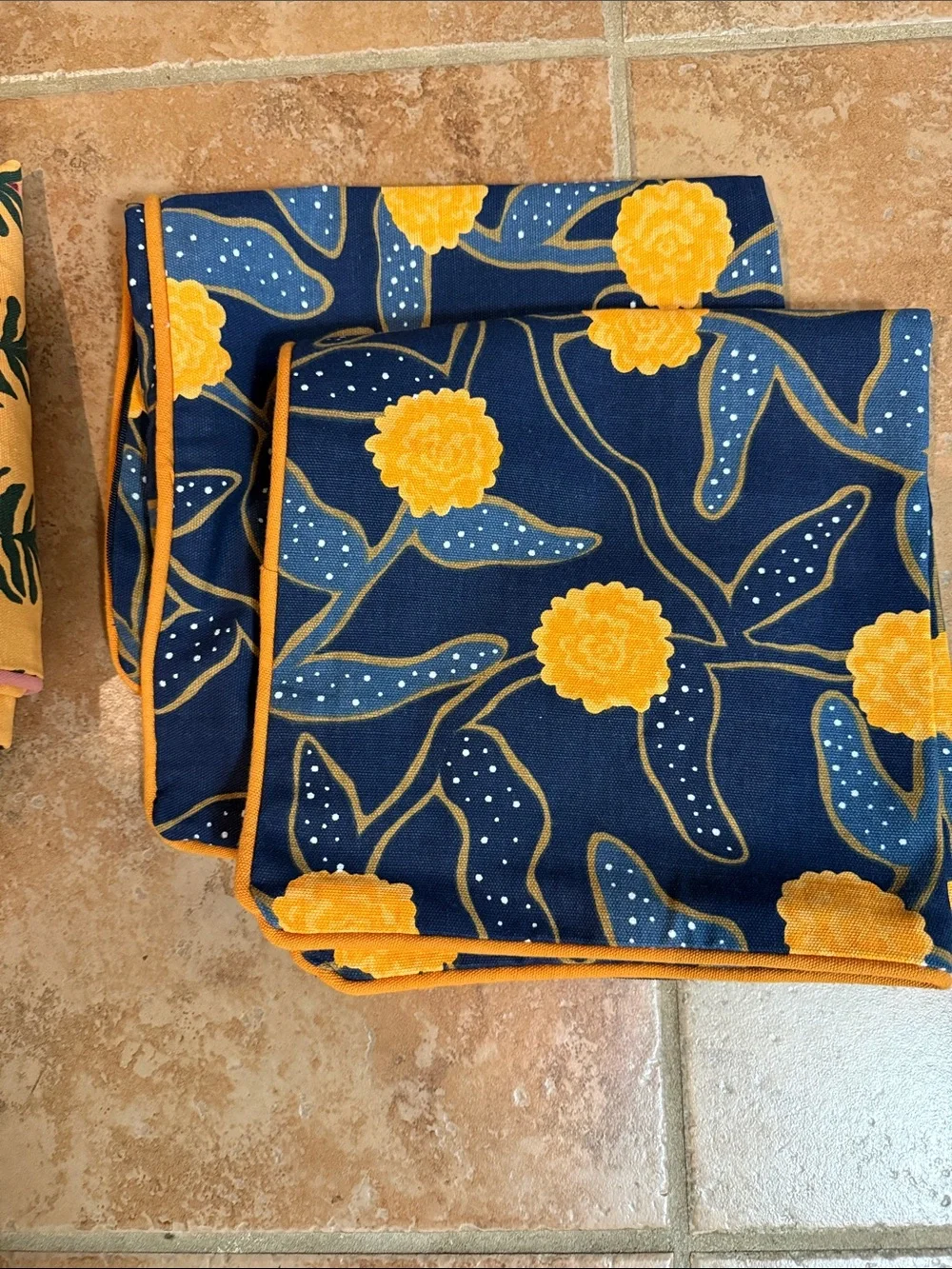 Navy Blue Floral Yellow Flower Print pillow cover, full.